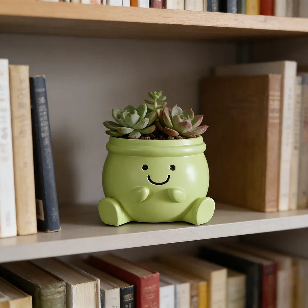 Cute Green Smiley Face Ceramic Planter Pot with Feet Succulent Flower Pot Plant Holder Home Office Desk Decor