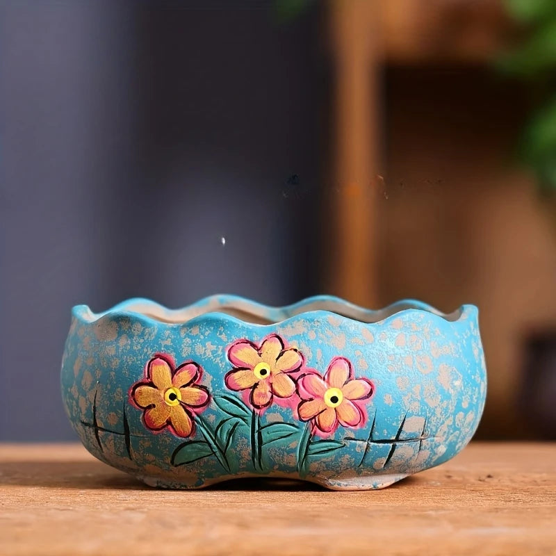 Vintage Hand-Painted Ceramic Succulent Planter Set Large Oval Flower Pot for Indoor Outdoor Gardening & Garden Lovers