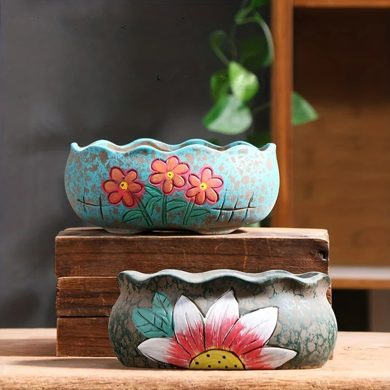 Vintage Hand-Painted Ceramic Succulent Planter Set Large Oval Flower Pot for Indoor Outdoor Gardening & Garden Lovers