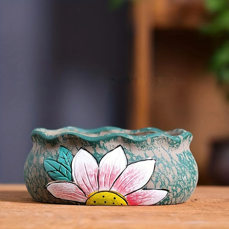 Vintage Hand-Painted Ceramic Succulent Planter Set Large Oval Flower Pot for Indoor Outdoor Gardening & Garden Lovers