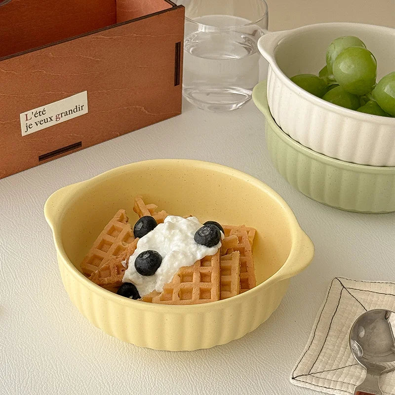 Dual-Handle Large-Capacity Ceramic Bowl, Microwave & Oven Safe, Multi-Purpose for Soup/Salad/Noodle/Fruit, Kitchen Tableware