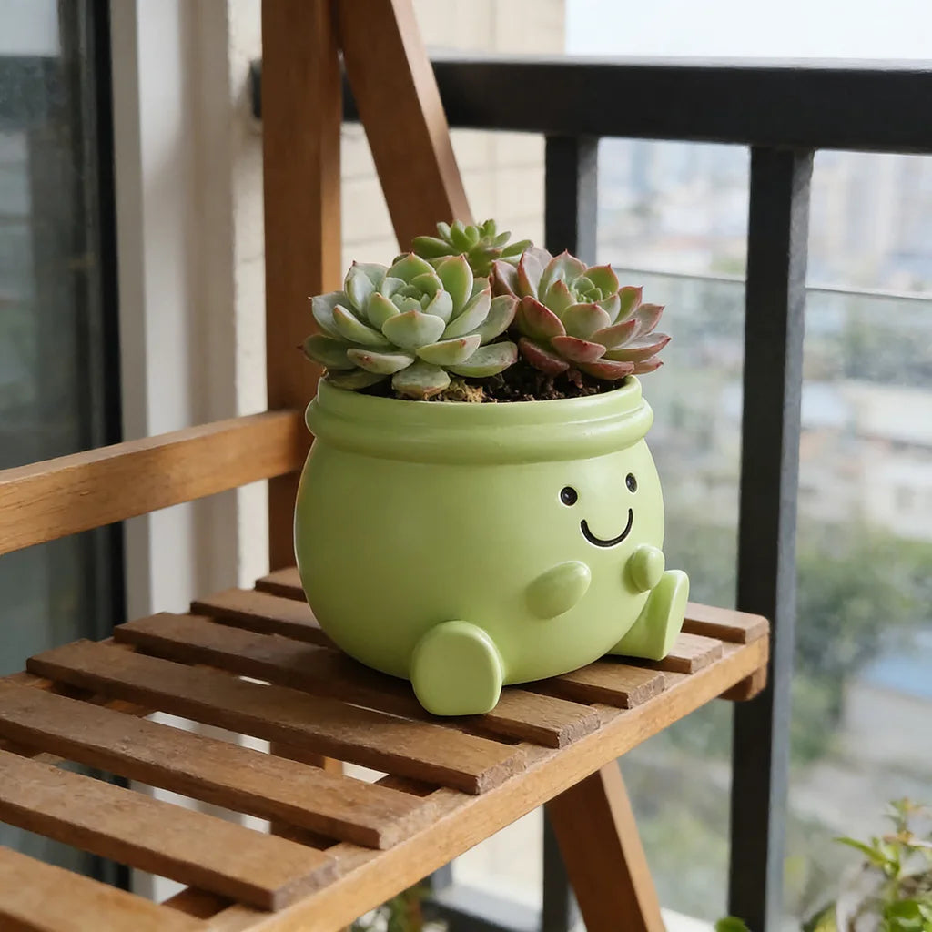 Cute Green Smiley Face Ceramic Planter Pot with Feet Succulent Flower Pot Plant Holder Home Office Desk Decor