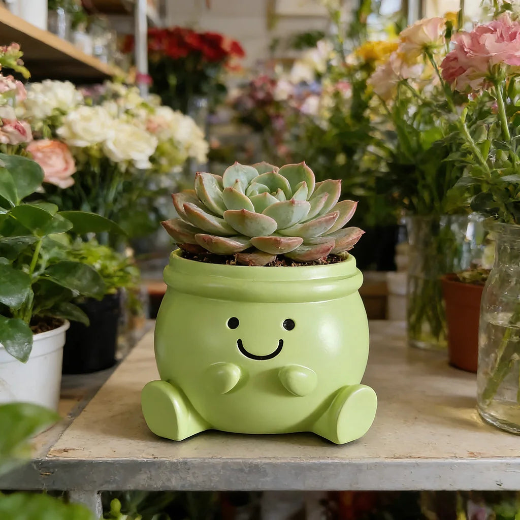 Cute Green Smiley Face Ceramic Planter Pot with Feet Succulent Flower Pot Plant Holder Home Office Desk Decor