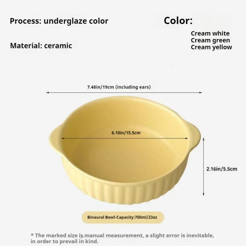 Dual-Handle Large-Capacity Ceramic Bowl, Microwave & Oven Safe, Multi-Purpose for Soup/Salad/Noodle/Fruit, Kitchen Tableware
