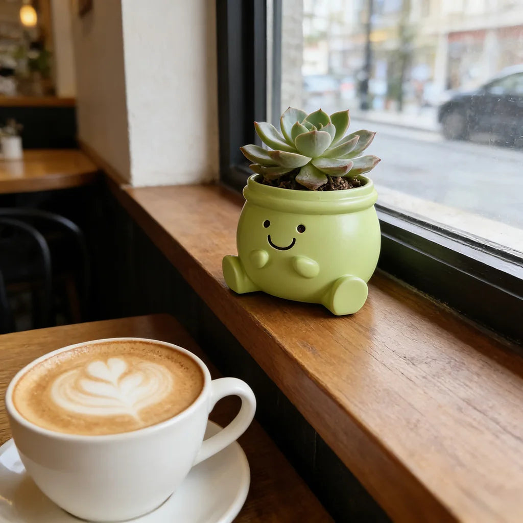 Cute Green Smiley Face Ceramic Planter Pot with Feet Succulent Flower Pot Plant Holder Home Office Desk Decor