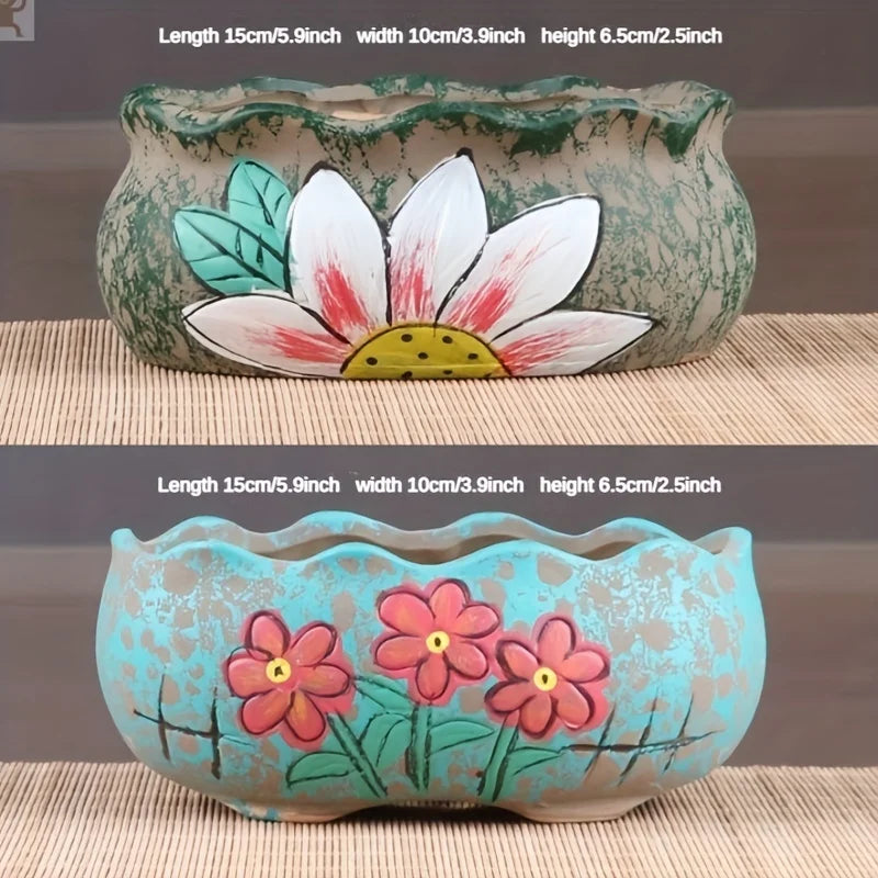 Vintage Hand-Painted Ceramic Succulent Planter Set Large Oval Flower Pot for Indoor Outdoor Gardening & Garden Lovers